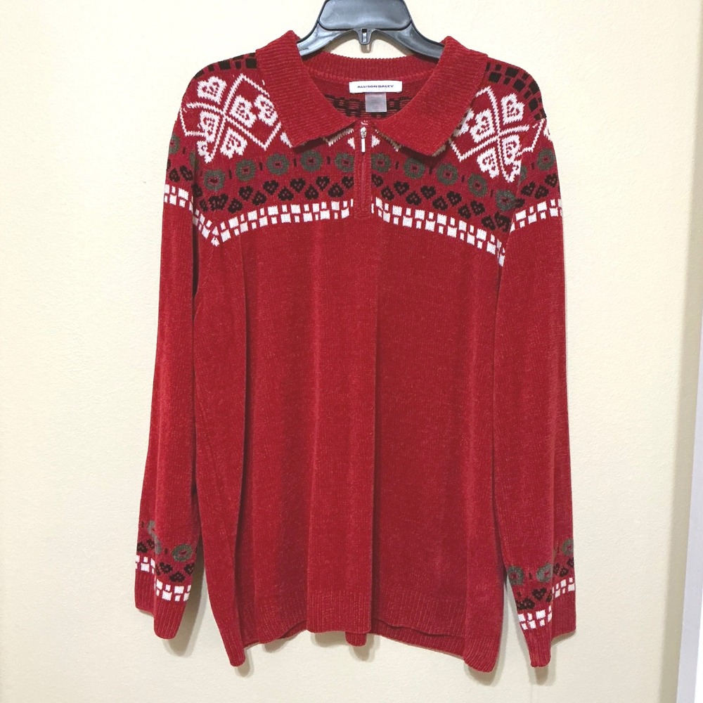 Allison Daley‎ Red Jacquard Quarter Zip Sweater Missy  Pullover Long Sleeve